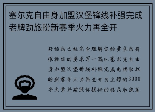 塞尔克自由身加盟汉堡锋线补强完成老牌劲旅盼新赛季火力再全开